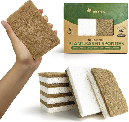 AIRNEX 6 Pack Biodegradable Natural Kitchen Sponges - Eco Friendly Cellulose and Coconut Dish Sponges - Odourless Sponges for Dishes with Dish Scrubber - Non Scratch Dual Sided Multipurpose Sponges