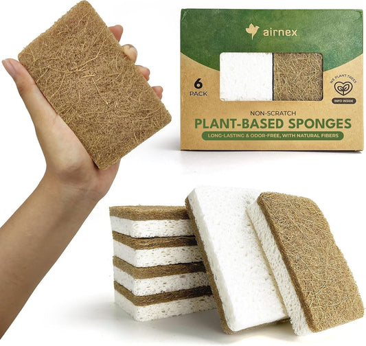 AIRNEX 6 Pack Biodegradable Natural Kitchen Sponges - Eco Friendly Cellulose and Coconut Dish Sponges - Odourless Sponges for Dishes with Dish Scrubber - Non Scratch Dual Sided Multipurpose Sponges
