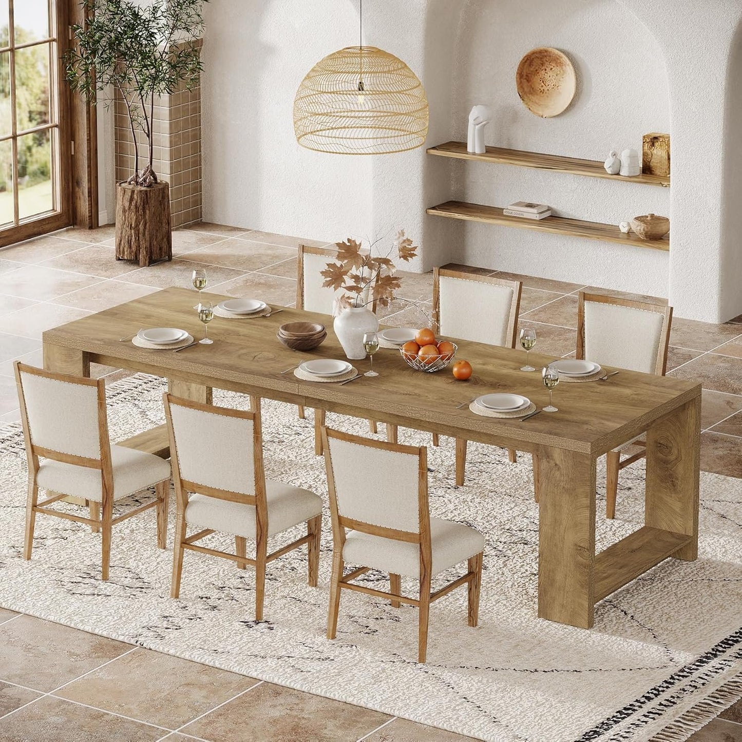 Tribesigns 86.61-Inch Dining Table for 6-8 People, Farmhouse Narrow Kitchen Table with Pedestal Base, Extra Long Rectangular Dining Room Furniture, Natural Oak
