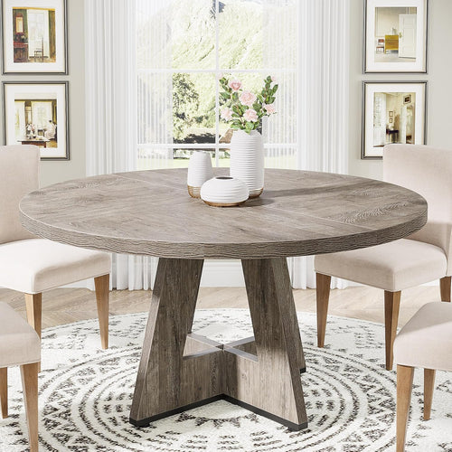 Tribesigns Round Dining Table Wood Kitchen Table for Dining Room, 120 cm Dinning Room Tables for 4 Adult, Farmhouse Dinner Table with Wooden Tabletop and Cross Base, Rustic Grey