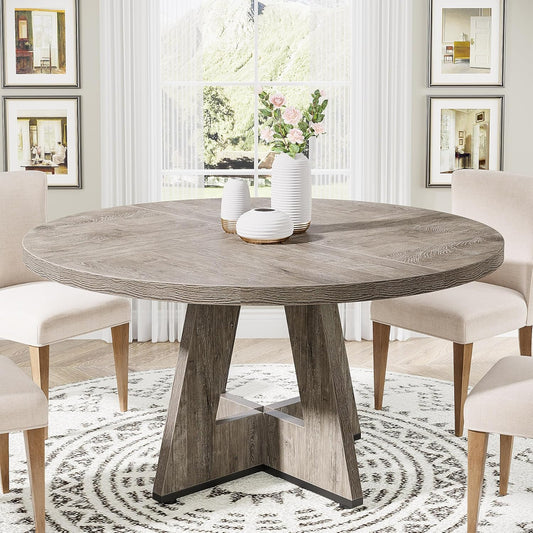 Tribesigns Round Dining Table Wood Kitchen Table for Dining Room, 120 cm Dinning Room Tables for 4 Adult, Farmhouse Dinner Table with Wooden Tabletop and Cross Base, Rustic Grey