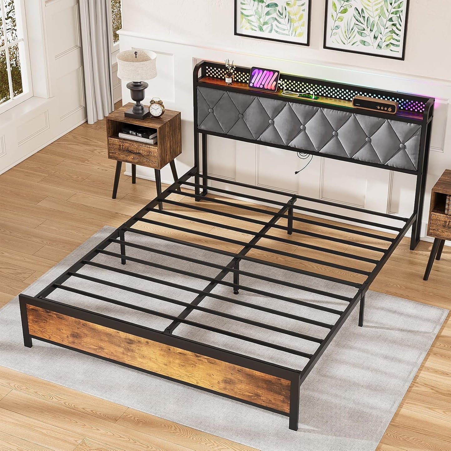 ADVWIN Queen Size Bed Frame, Storage Headboard with Led & Charging Station, Industrial Upholstered Platform Bed with Metal Mattress Base Support, No Box Spring Needed, Rustic Brown & Gray (Queen)