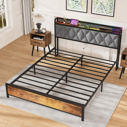 ADVWIN Queen Size Bed Frame, Storage Headboard with Led & Charging Station, Industrial Upholstered Platform Bed with Metal Mattress Base Support, No Box Spring Needed, Rustic Brown & Gray (Queen)