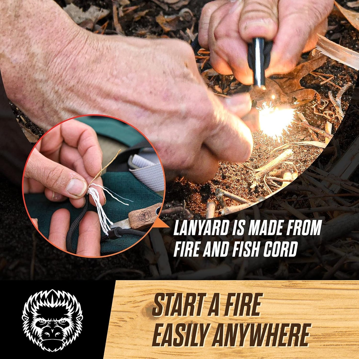 Wood Handle Fire Starter Ferro Rod Gift Set W/Finger Grip Survival Bushcraft Gear