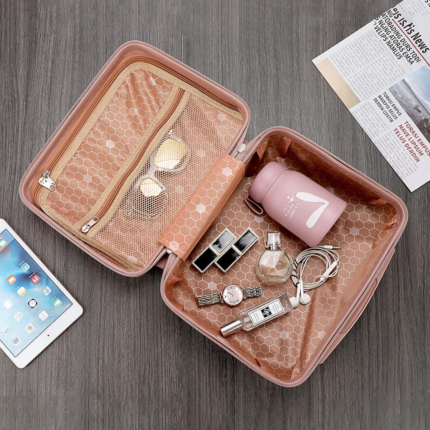 BSTKEY Portable Hard Shell Cosmetic Travel Case, Small Travel Hand Luggage with Elastic Band, Mini ABS Carrying Makeup Case Suitcase, Rose Gold