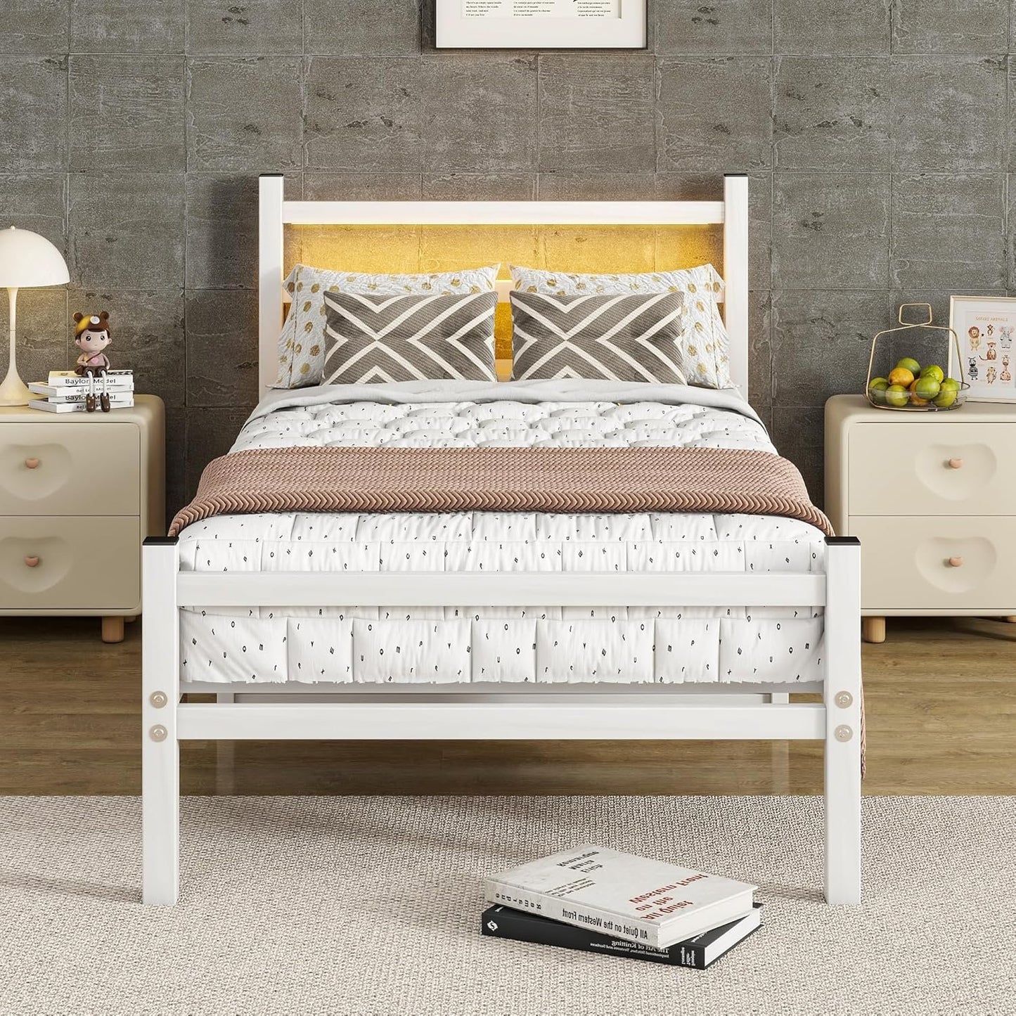 Maliacife Twin Bed Frame with Charging Station,Metal Bed with LED Lights Headboard,Heavy Duty Steel Slats Support Single Bed Frame,No Box Spring Needed,Noise Free, White