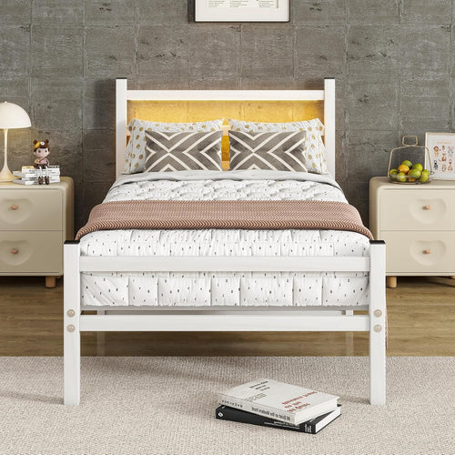 Maliacife Twin Bed Frame with Charging Station,Metal Bed with LED Lights Headboard,Heavy Duty Steel Slats Support Single Bed Frame,No Box Spring Needed,Noise Free, White