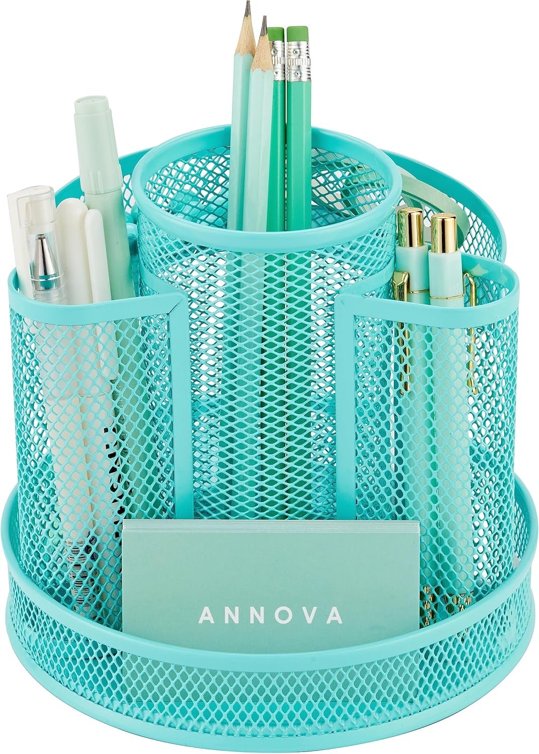 Annova Mesh Desk Organizer Rotate with 6 Compartments Round Spinning Tidy Candy/Pen Holder Desk Accessories Office, Art Supply, Storage, Classroom, Home (Turquoise)