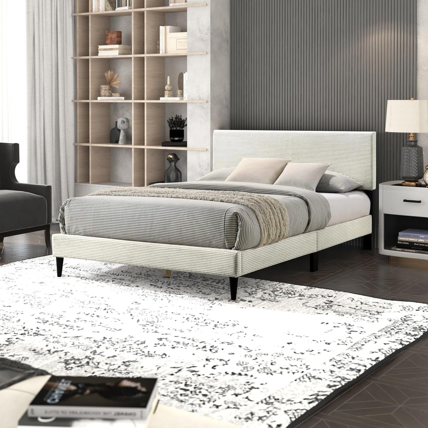 GALANO Wood Queen Bed Frame with Headboard – Platform Bed Frame Queen Size, Cream Upholstered Bedframe, Modern Queen Size Bed, Easy Assembly, No Box Spring Needed, Beds for Bedroom