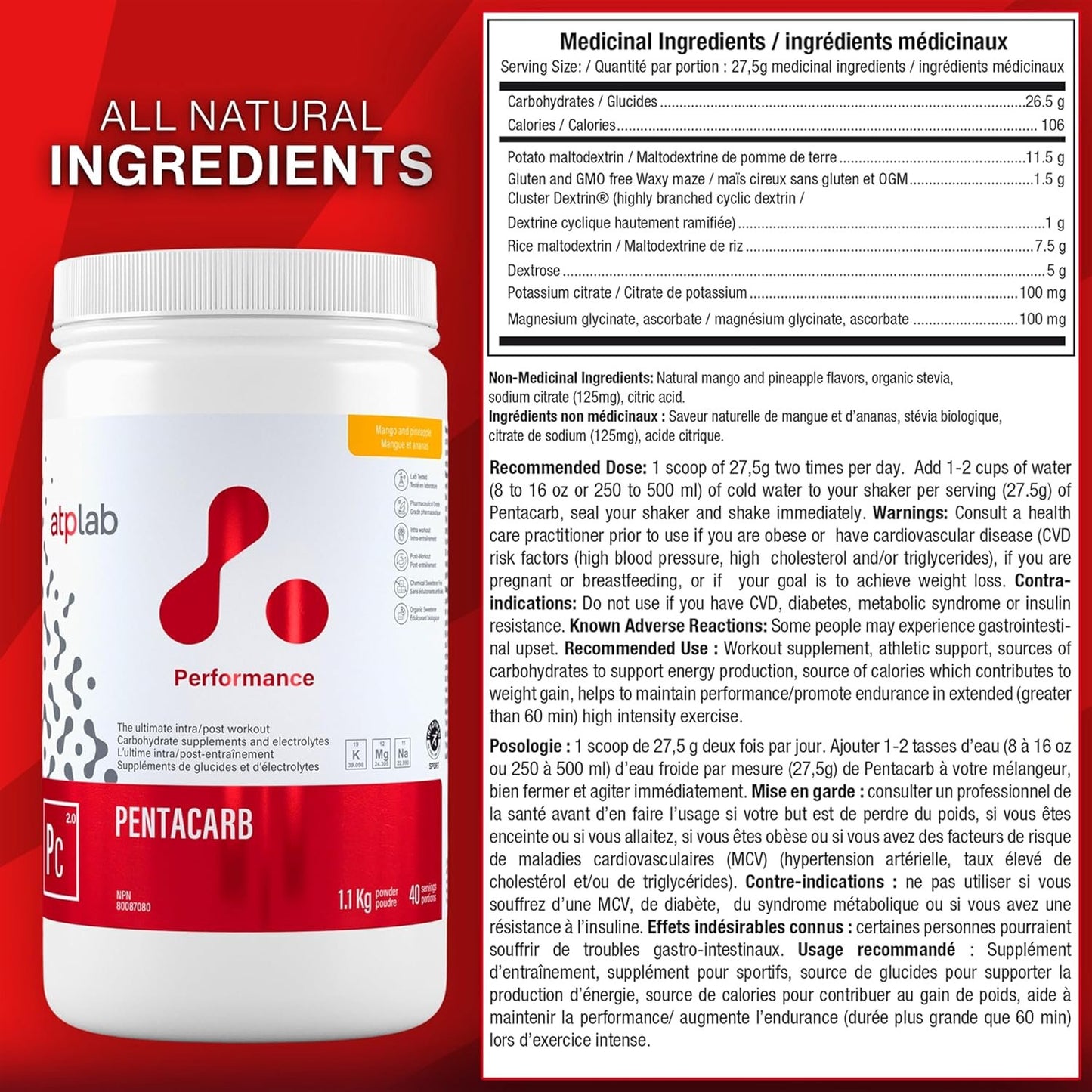 ATP LAB Pentacarb Electrolyte Powder 1.1kg 40 Servings - Mango Pineapple Flavor, Carbohydrate & Electrolyte Supplement for Energy & Endurance, Easy to Mix, Versatile Use for Athletes & Calorie Support