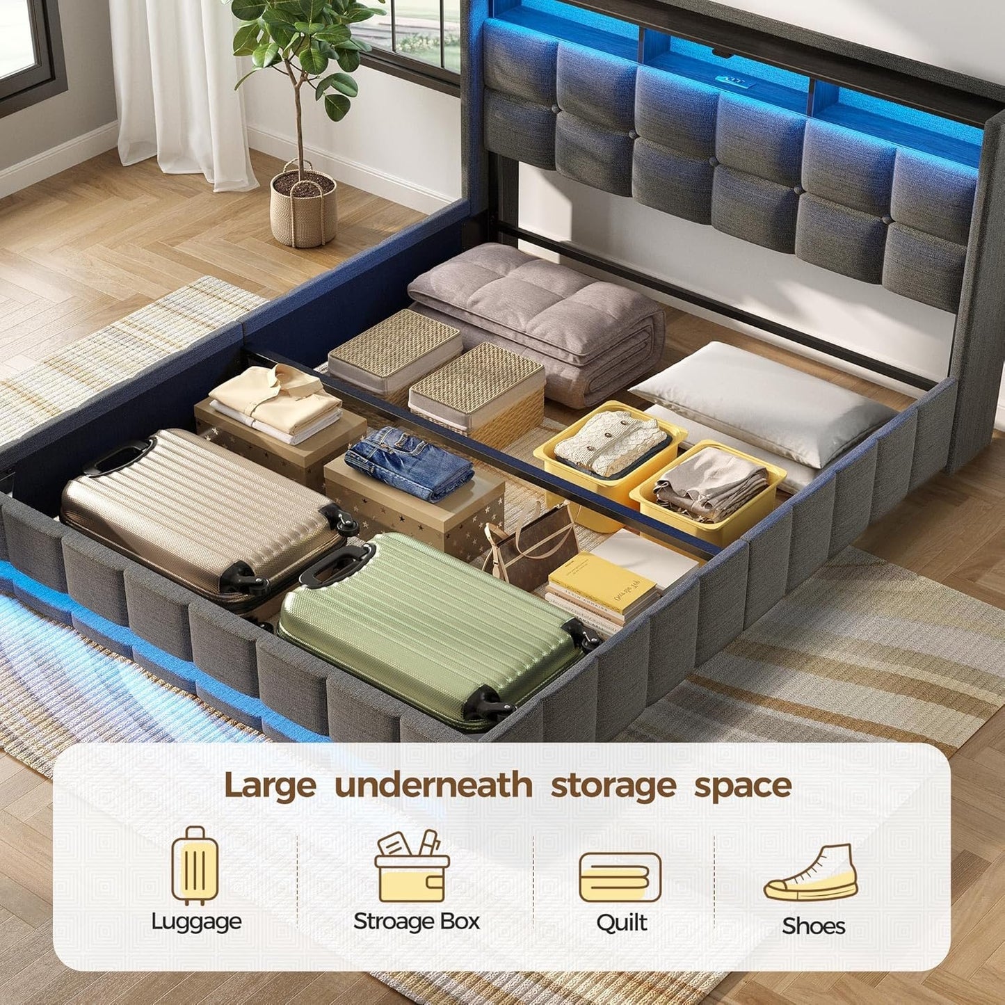 Rolanstar Queen Size Bed Frame with Lift Up Storage, Charging Station & LED Lights, Upholstered Bed with Heavy Duty Wooden Slats, No Box Spring Needed, Noise Free, Easy Assembly, Dark Grey