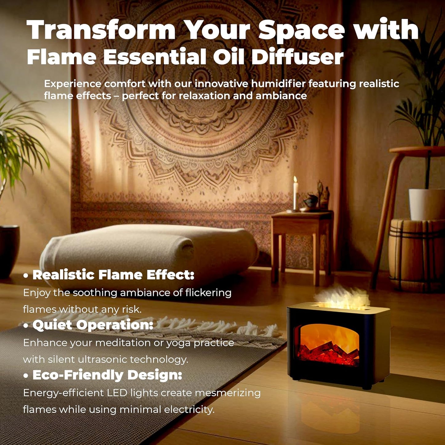 OMEO Flame Oil Diffuser, Aromatherapy Ultrasonic Cool Mist Flame Diffuser Humidifier with Timer and Waterless Auto Off for Spa, Home, Yoga, Office, Bedroom (Black), WY-FP01