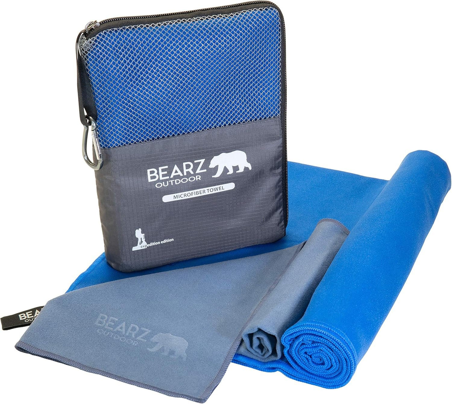 BEARZ Outdoor Microfiber Towel Set for Travel & Sports. Compact & Absorbent Cloth for Camping Swimming Beach Gym Yoga Golf. Gear w/Bag Water Resistant Pocket Carabiner Face Cloth