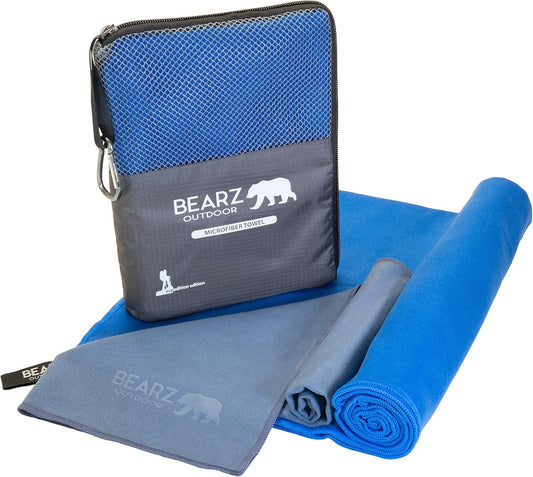 BEARZ Outdoor Microfiber Towel Set for Travel & Sports. Compact & Absorbent Cloth for Camping Swimming Beach Gym Yoga Golf. Gear w/Bag Water Resistant Pocket Carabiner Face Cloth