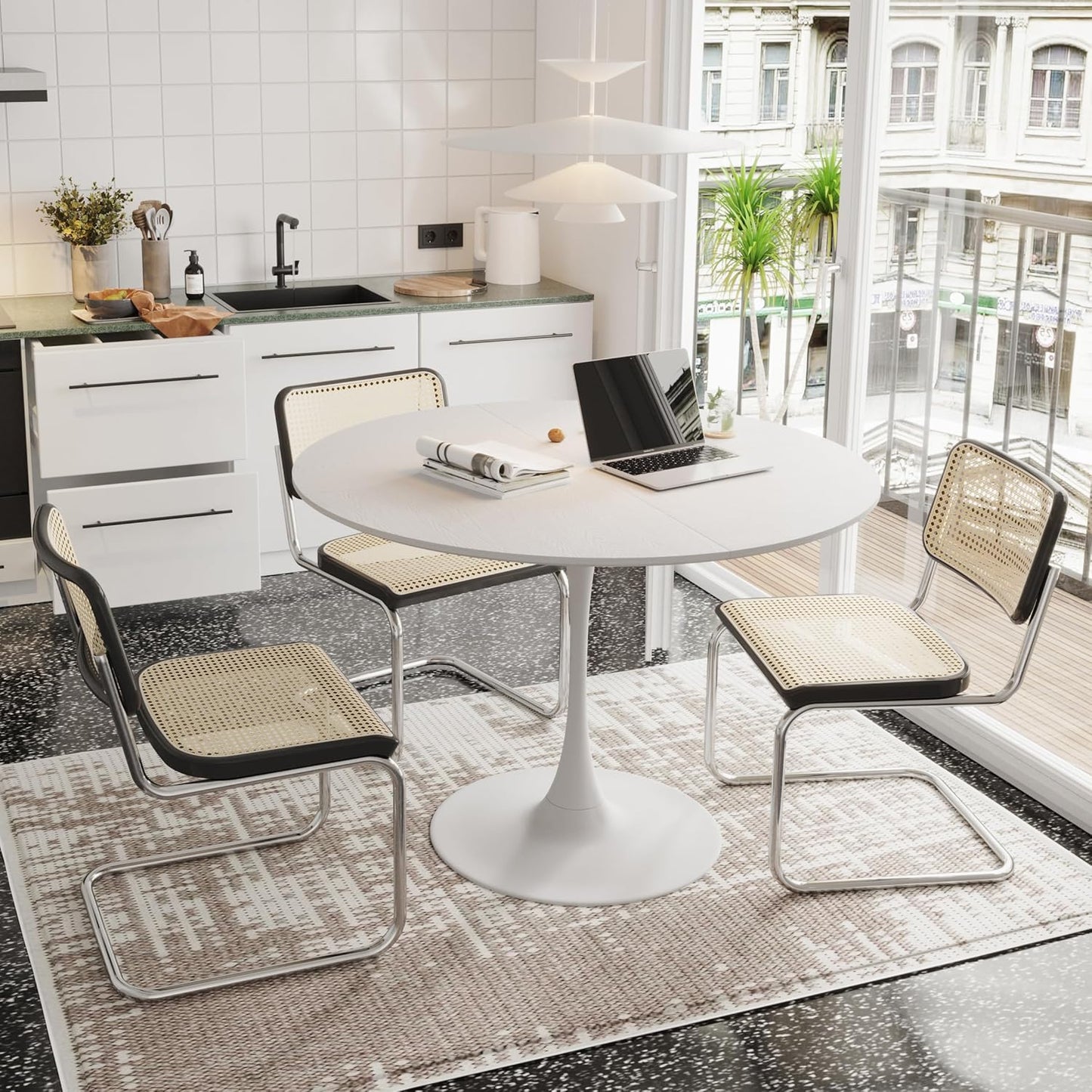 Generisch 47,24" Modern Round Dining Table, Four Patchwork Tabletops with White Color Solid Wood Grain Table Top, Metal Base Dining Table, End Table Leisure Coffee Table