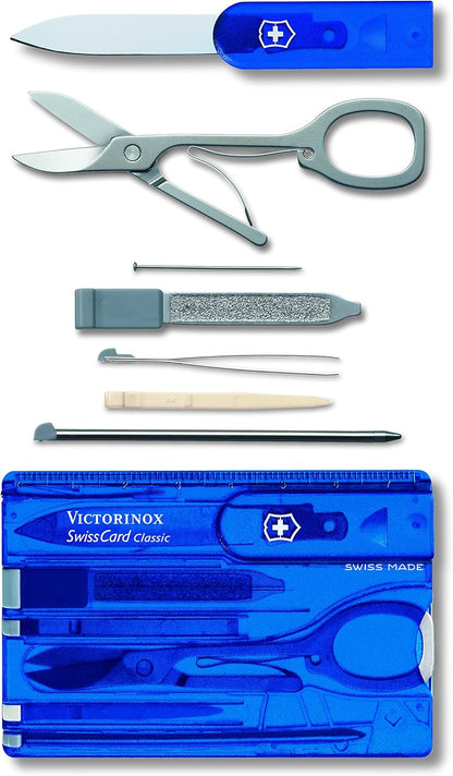 Victorinox Swiss Card Classic Transparent Blue Multi-tool Card, ABS/Cellidor Handle, 82mm x 55mm x 4mm, 26g, 10 Functions