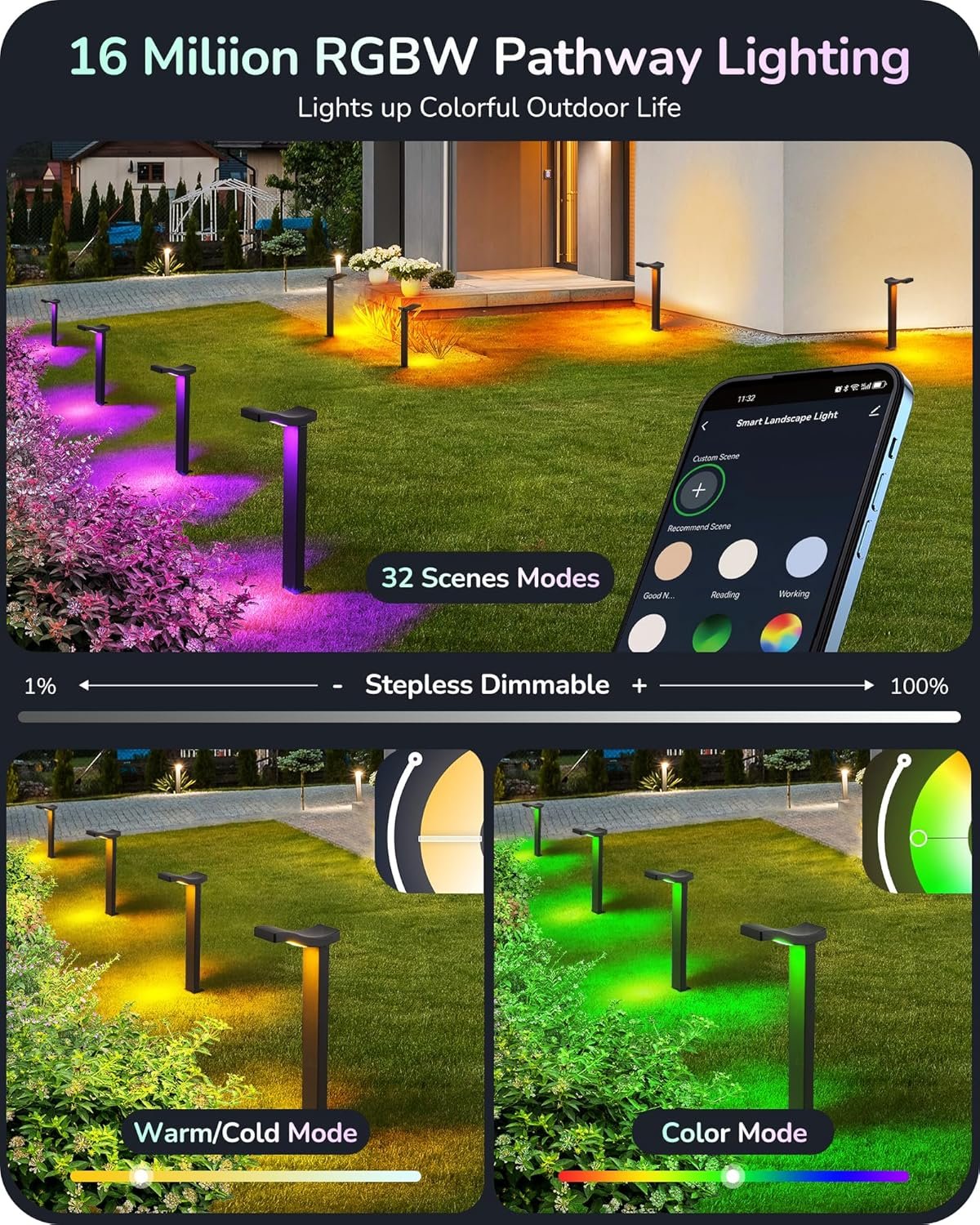 EDISHINE Smart Landscape Path Lights, RGBW 350LM LED Pathway Lights, APP Control, Compatible with Alexa & Google, Music Sync, Waterproof Aluminum Outdoor Landscape Lighting for Yard, 48FT
