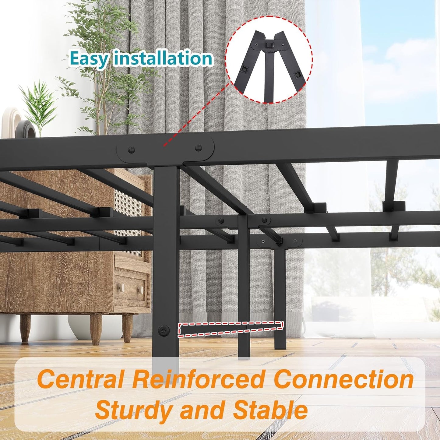 DUMEE Queen Bed Frame with Wood Headboard and Footboard, Metal Bed Frame Queen Size Under Bed Storage, No Box Spring Needed, Enhanced Support Noise Free (Black+Brown Oak)