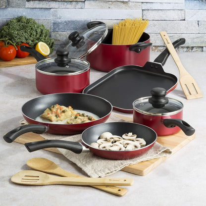 Ecolution Easy Clean Nonstick Cookware Set, Features Kitchen Essentials, Bamboo Cooking Utensils Set, Vented Glass Lids, Ergonomic Grip Handles, Made Without PFOA, Dishwasher Safe, 12-Piece, Red