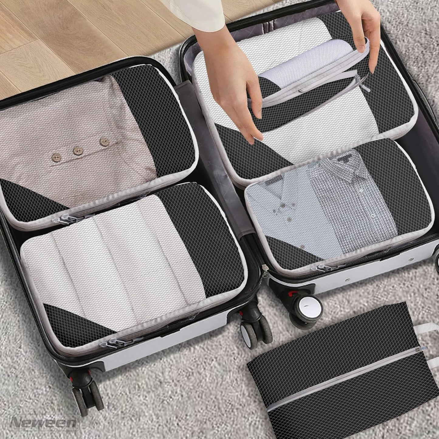 Neween Compression Packing Cubes for Carry On Suitcases, 6 Set Extensible Compression Packing Cubes for Travel Compression Bags for Packing Organisers Expandable Travel Suitcase Accessories (Black)