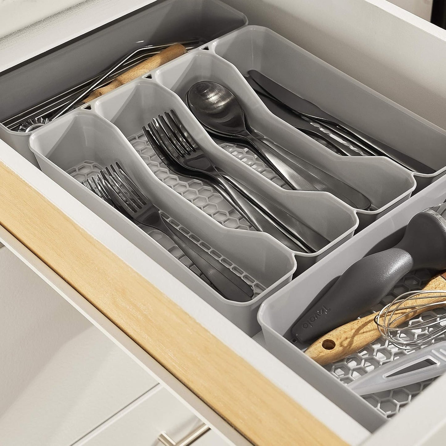 Spectrum Diversified Hexa Drawer Organizer Tray Modern Kitchen Cutlery, Utensil, Silverware Holder Caddy, 5 Dividers Cabinet Storage, 10 x 13, Stone Gray