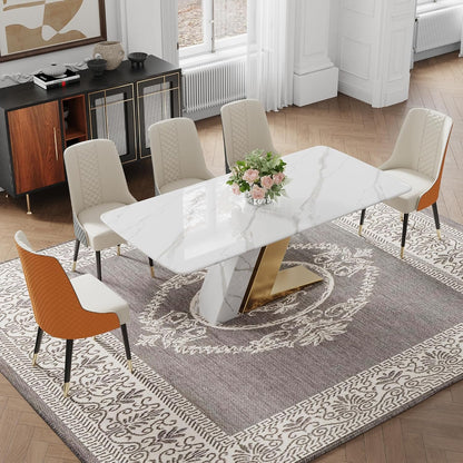 POVISON Modern Dining Table, White Dining Table for 6-8, Marble Dining Table with Rectangular Sintered Stone Tabletop, Z-Shaped Stainless Steel Base,White and Gold,78" Kitchen Table for Dining Room