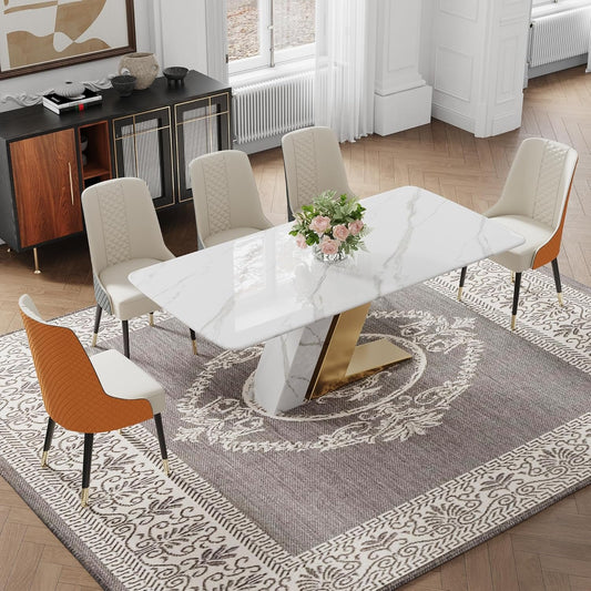 POVISON Modern Dining Table, White Dining Table for 6-8, Marble Dining Table with Rectangular Sintered Stone Tabletop, Z-Shaped Stainless Steel Base,White and Gold,78" Kitchen Table for Dining Room