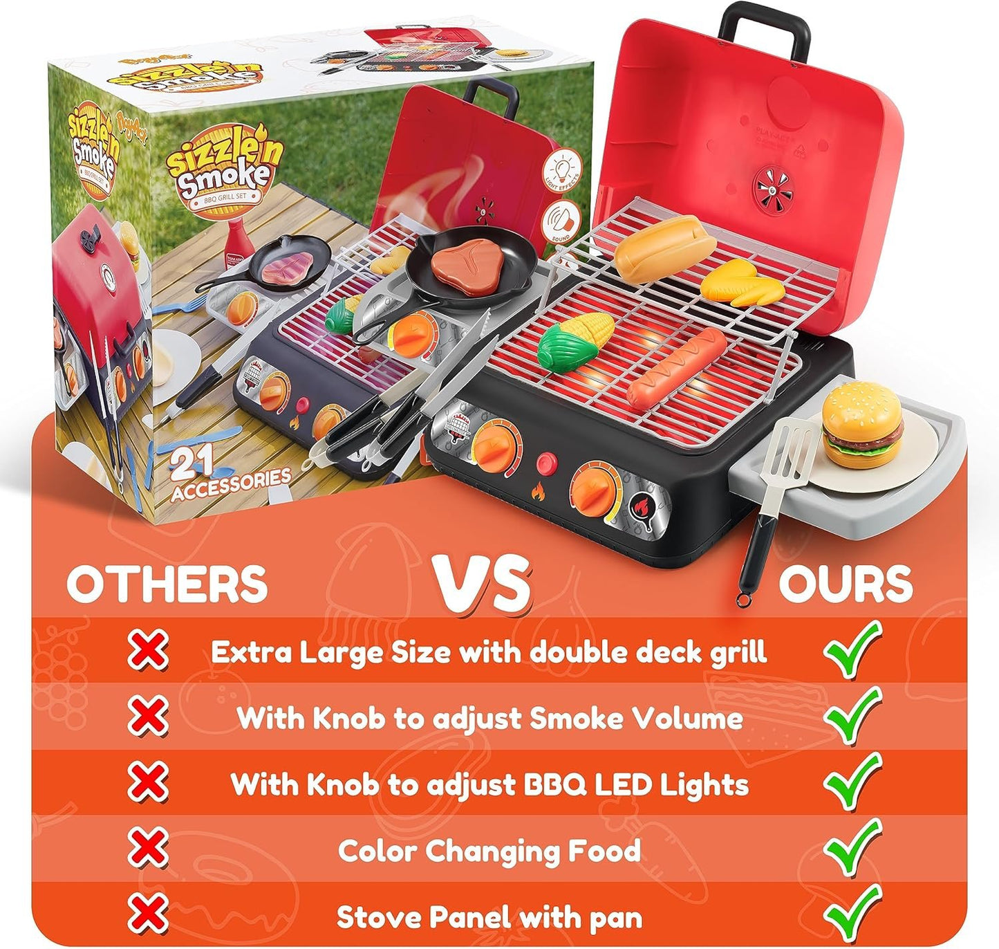 PLAY-ACT Extra Large 2-Layer BBQ Grill Playset with Pretend Smoke, Light, Sound & Color-Changing Food, Kitchen Toy Set,Pretend BBQ Grill Toy Set for Kids (25X13X12 Inch)