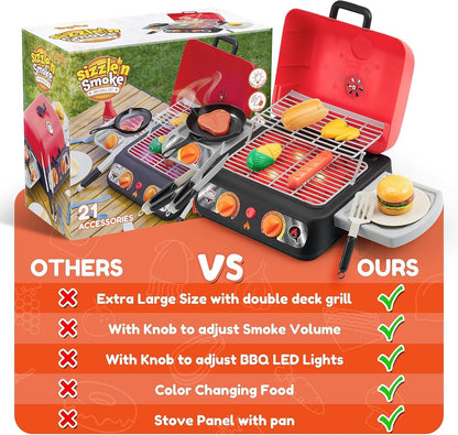 PLAY-ACT Extra Large 2-Layer BBQ Grill Playset with Pretend Smoke, Light, Sound & Color-Changing Food, Kitchen Toy Set,Pretend BBQ Grill Toy Set for Kids (25X13X12 Inch)
