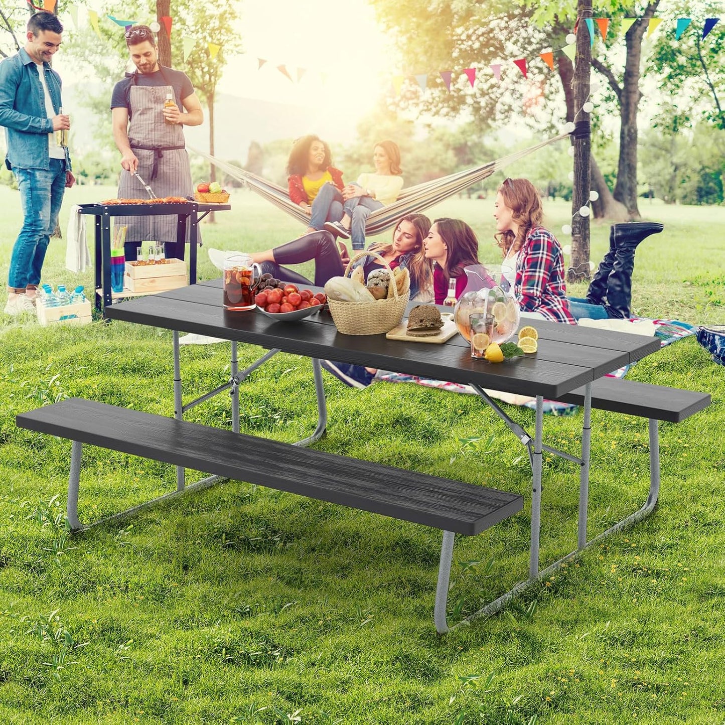 Costway Folding Picnic Table with 2 Benches, 1.8m Camping Table Set w/Metal Frame & All-Weather HDPE Tabletop, Umbrella Hole, 8-Person Large Outdoor Dining Table for Garden Yard Poolside (Black)