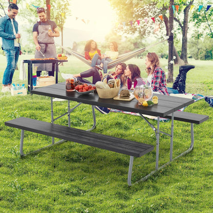 Costway Folding Picnic Table with 2 Benches, 1.8m Camping Table Set w/Metal Frame & All-Weather HDPE Tabletop, Umbrella Hole, 8-Person Large Outdoor Dining Table for Garden Yard Poolside (Black)