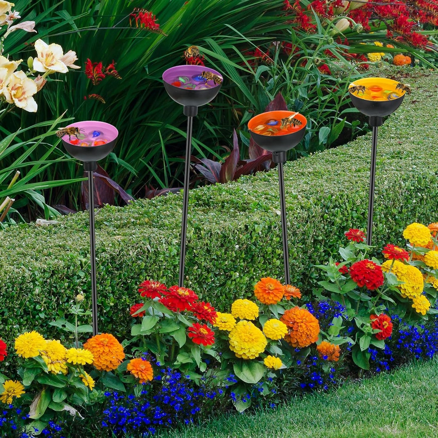 Lineshading 4 Pcs Bee Watering Station Butterfly Water Catcher Cups Small Insects Bee Feeders for Outside Feeding and Watering Metal Garden Stakes Garden Sculpture Decor