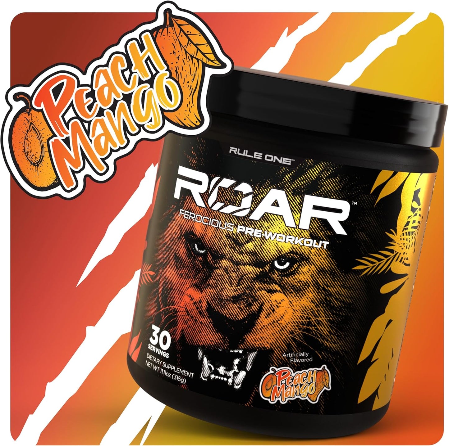 Rule1 R1 Roar Ferocious Pre-Workout Protein Powder 315 g, Peach Mango (30 Servings)