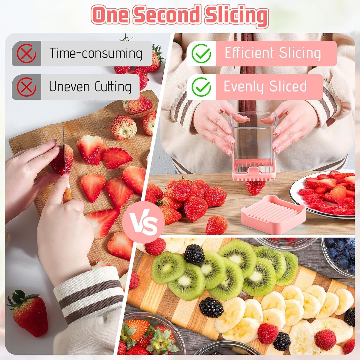 Fruit & Veggie Slicer Cup - Removable Blades & Food Push Plate - Strawberry, Banana, Egg & Grape Cutter - Safe & Portable Kitchen Slicing Tool for Easy Food Prep (Pink)