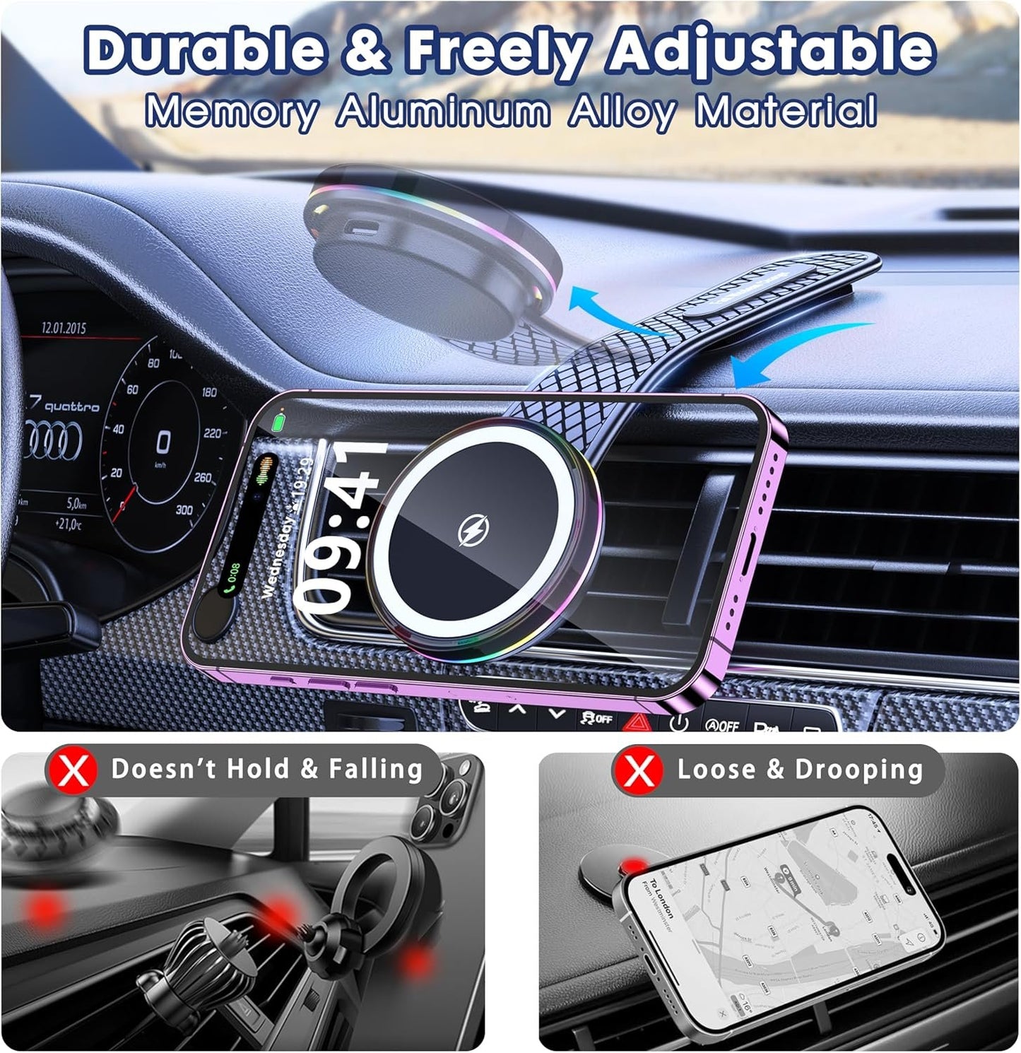 Pocaton for MagSafe Car Mount Charger, Magnetic Wireless Charger Car 15W Ultra Fast Charging Powerful Magnet Adjustable Angle Stability Easy Installation Phone Holder Car with Charging Function