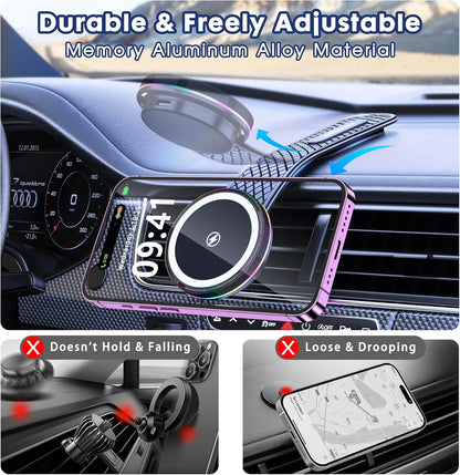 Pocaton for MagSafe Car Mount Charger, Magnetic Wireless Charger Car 15W Ultra Fast Charging Powerful Magnet Adjustable Angle Stability Easy Installation Phone Holder Car with Charging Function