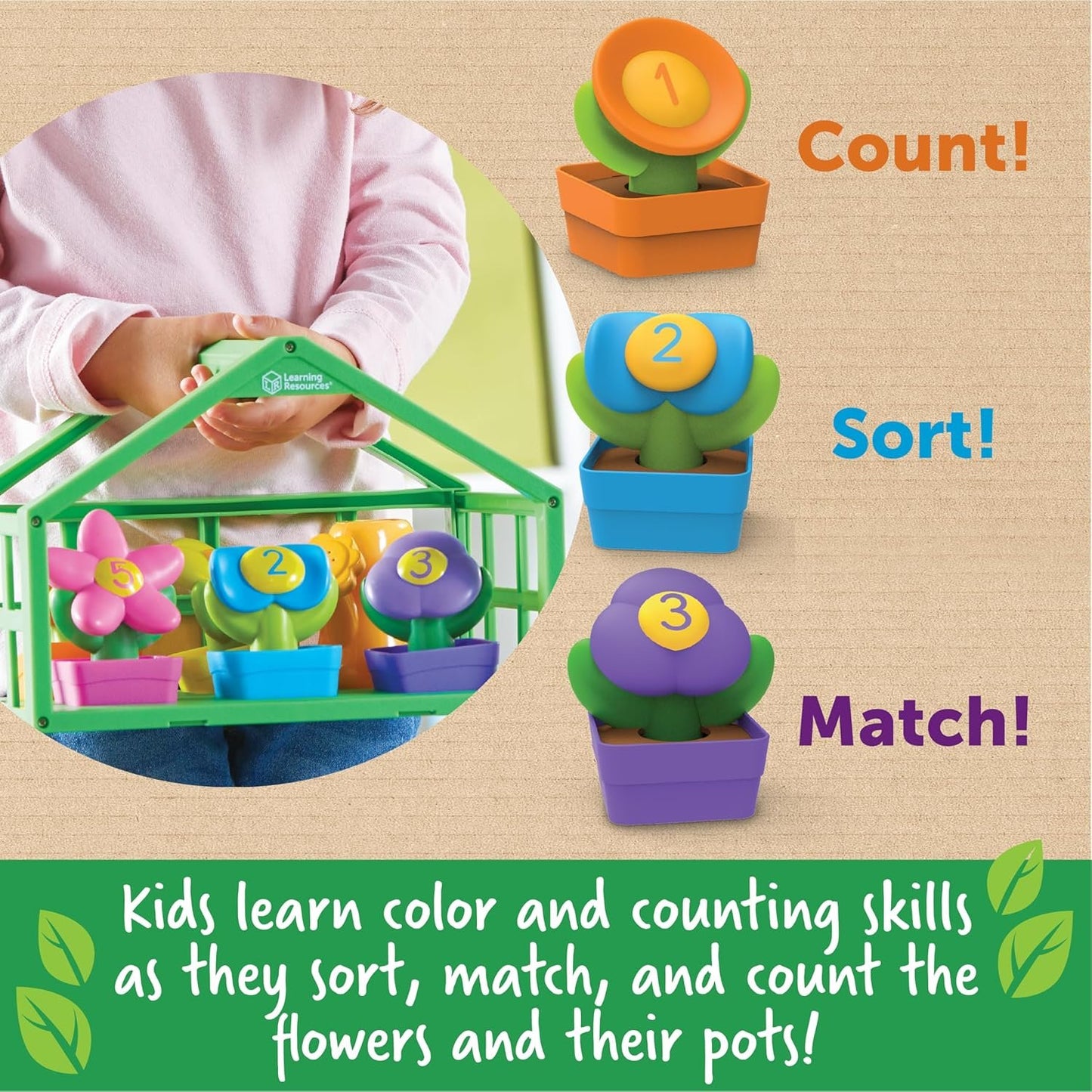 Learning Resources Growing Greenhouse Color and Number Eco Friendly Playset - Preschool Learning Toys, Fine Motor Skills Toys for Kids Flower Garden Toy Ages 18+ Months