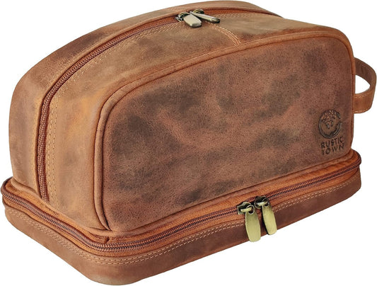 Genuine Leather Travel Cosmetic Bag - Hygiene Organizer Dopp Kit by Rustic Town, Brown, Medium, Rt6318flr