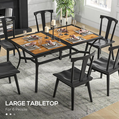 Outsunny Outdoor Dining Table with Umbrella Hole, Rectangular Patio Dining Table for 6 with Steel Frame and Wood-Like Plastic Top for Garden, Balcony, Brown