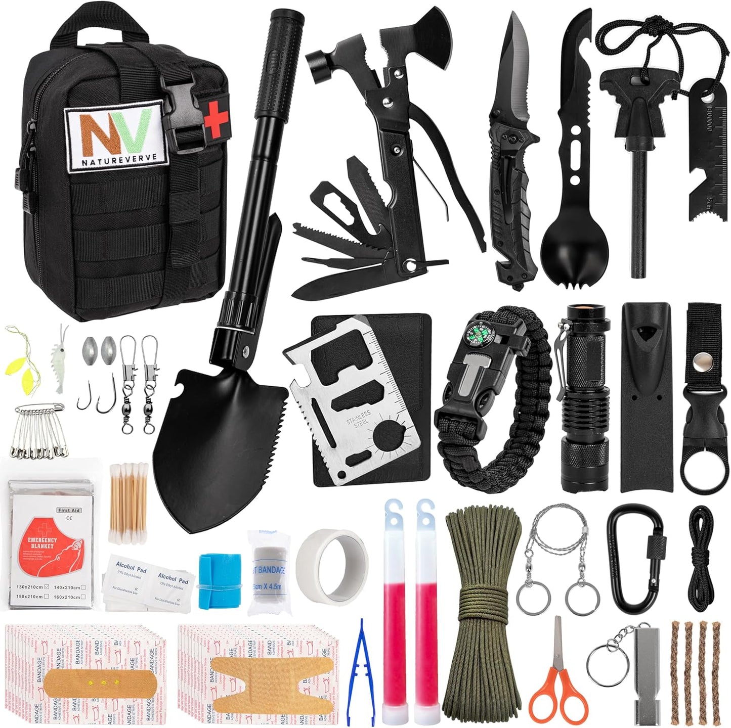 NATUREVERVE Survival Kit, 142pcs Survival Gear and First Aid Kit Australia, Emergency Gear and Camping Tools with Molle System Compatible, Travel Blanket, Multitool Axe Shovel, Gifts for Men and Women