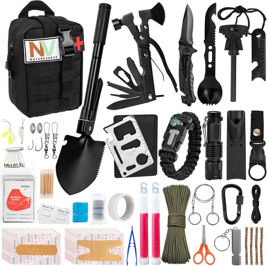 NATUREVERVE Survival Kit, 142pcs Survival Gear and First Aid Kit Australia, Emergency Gear and Camping Tools with Molle System Compatible, Travel Blanket, Multitool Axe Shovel, Gifts for Men and Women