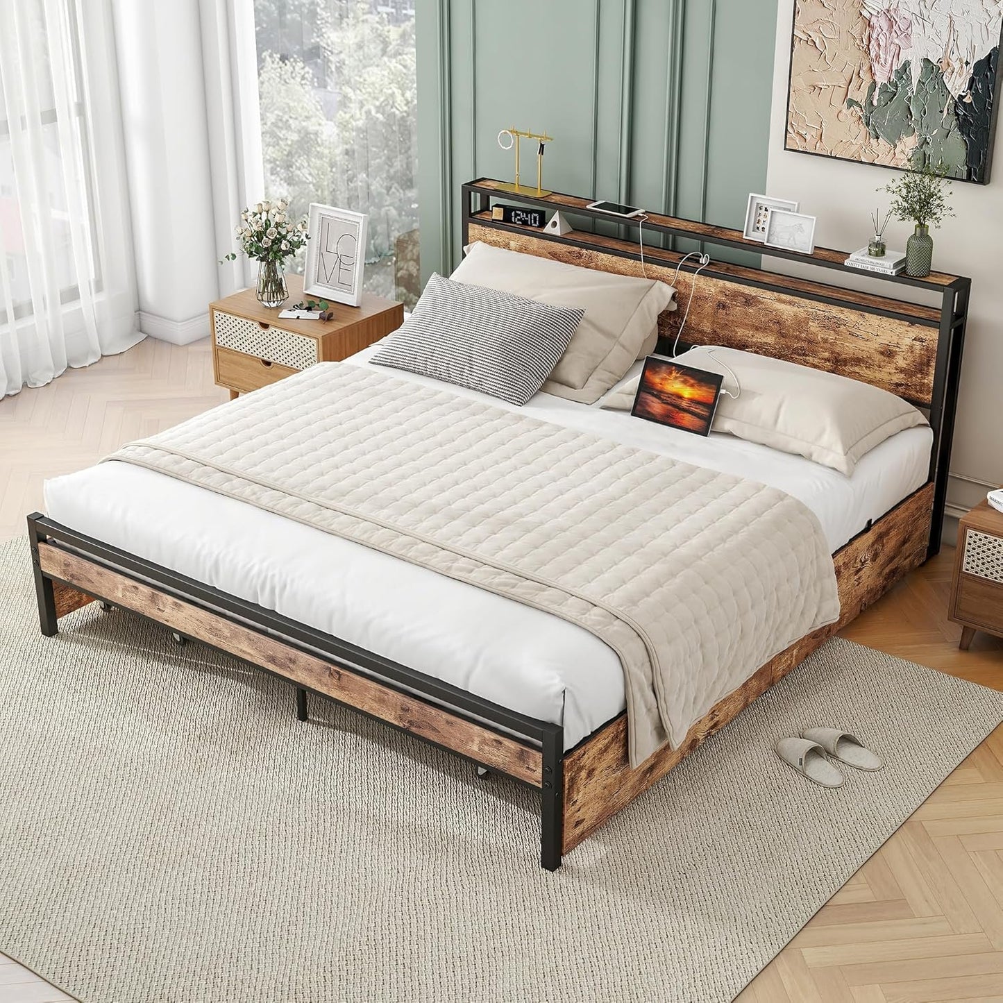 BOFENG Black King Size Bed Frame with 2-Tier Storage Headboard and Power Outlets,Charging Station,Platform Bed Frame King Size with 4 Storage Drawers,No Box Spring Needed,Sturdy and Noise Free,Brown