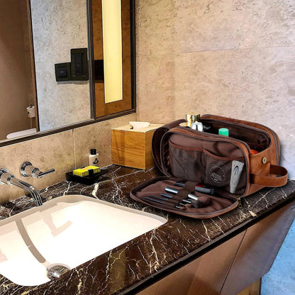 Elviros Toiletry Bag for Men, Large Travel Shaving Dopp Kit Water-Resistant Bathroom Toiletries Organizer PU Leather Cosmetic Bags (Brown, Large)
