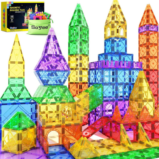 Magnetic Tiles Building Blocks 102pcs Advanced Set STEM Toys for 3+ Year Old Boys and Girls Learning by Playing Montessori Toys Toddler Kids Activities Games Christmas New Year Gifts