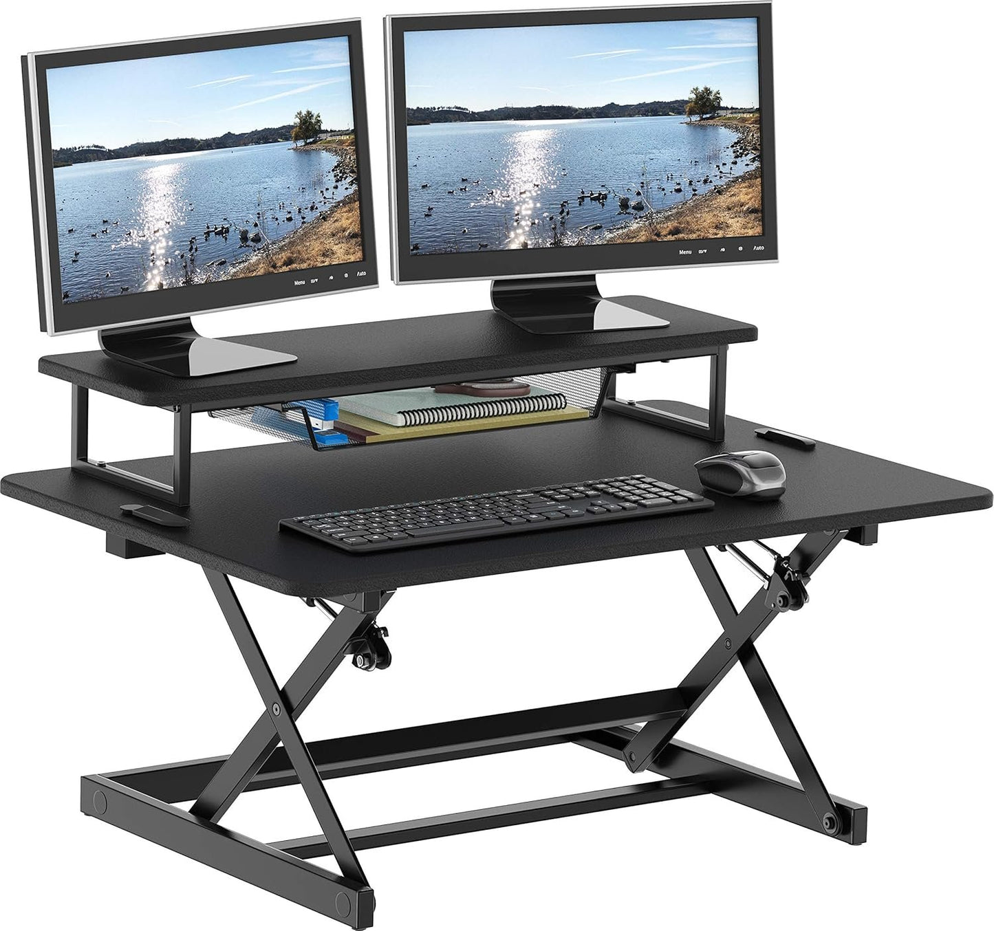 SHW Standing Desk Converter 36-Inch Pneumatic Height Adjustable with Monitor Riser, Black