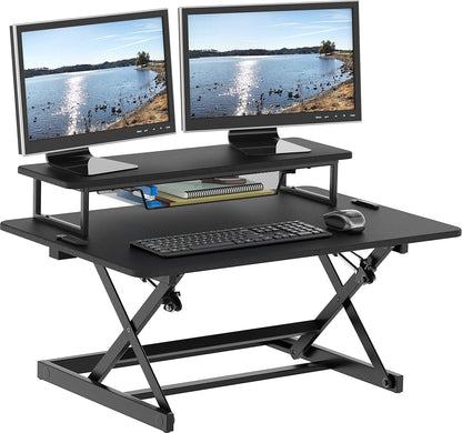 SHW Standing Desk Converter 36-Inch Pneumatic Height Adjustable with Monitor Riser, Black