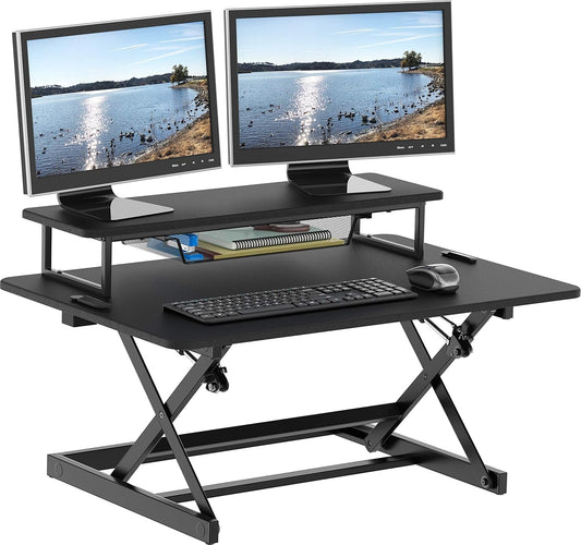 SHW Standing Desk Converter 36-Inch Pneumatic Height Adjustable with Monitor Riser, Black