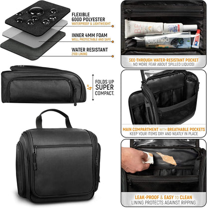 Travel Toiletry Bag for Men and Women, Large Hanging Toiletry Organizer with 19 Compartments, Waterproof Hygiene, Metal Swivel Hook and YKK Zippers Ideal for Toiletries, Makeup and Cosmetics (Black)