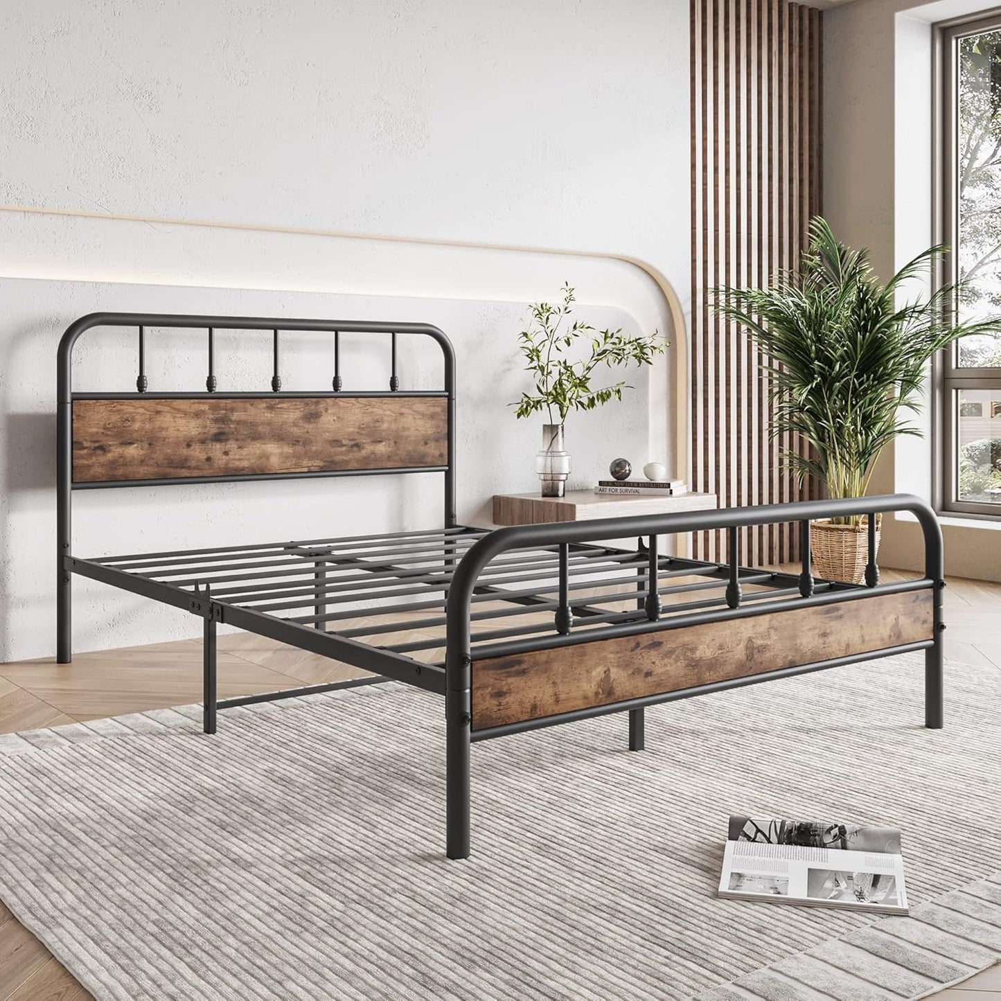 Elegant Home Products Full Bed Frame with Wood Headboard and Footboard,Sturdy Steel Slats,Metal Platform Bed Frame,No Box Spring Needed,Noise Free Mattress Foundation Black & Rustic Brown