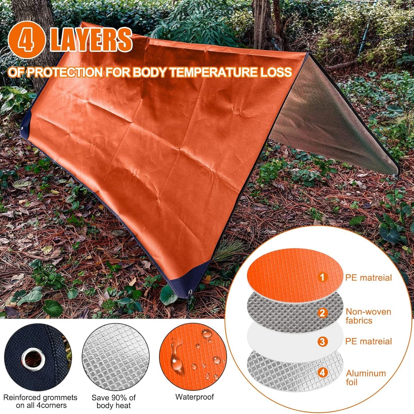 E EASTSTORM 210 x 150 cm Thickened Emergency Blanket Sleeping Bag Survival Bivvy Bag Rescue Blankets Tarp Waterproof Thermal Blanket Tarp Tent Tarp Ultralight Cold Protection for Camping